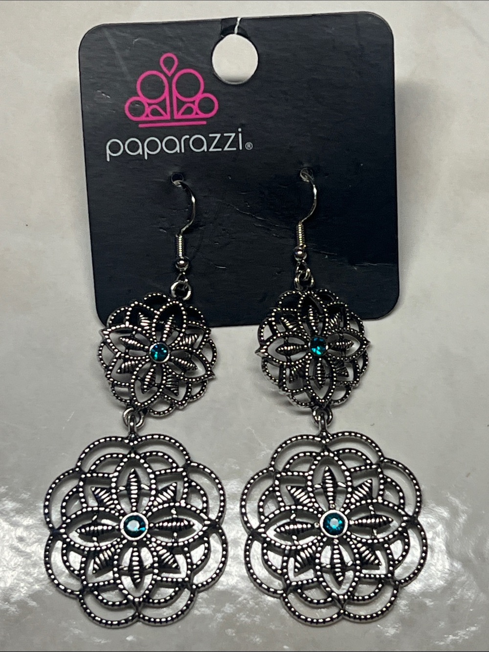 Paparazzi Silver Teal Double Drop Filigree Earrings